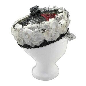 Vintage Ladies Pillbox Hat Feathers Flowers Netting - Black Red Ivory